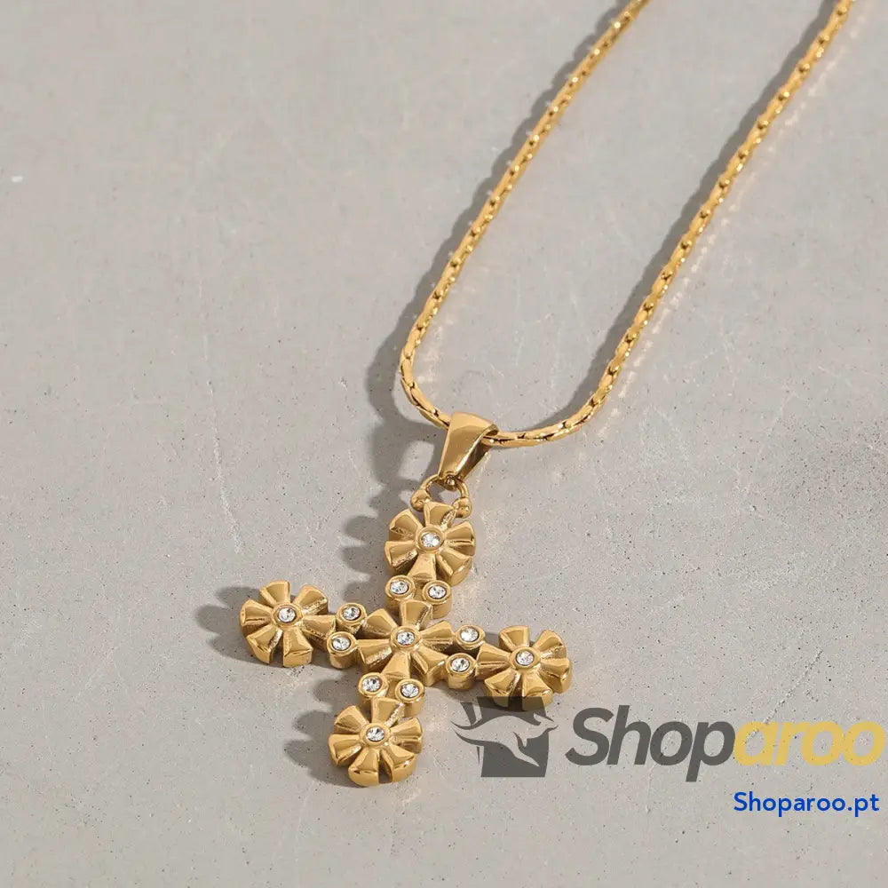 Colar cruz em ouro 18K (Banhado) com design floral elegante