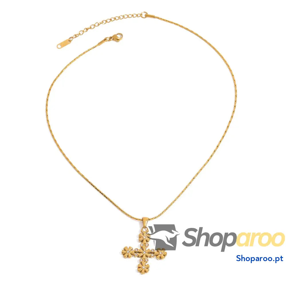 Colar cruz em ouro 18K (Banhado) com design floral elegante