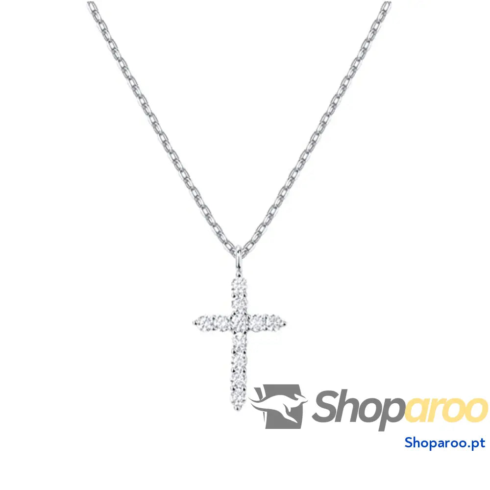 Colar Cruz Pequena com Zircónia Cúbica em Ouro Branco