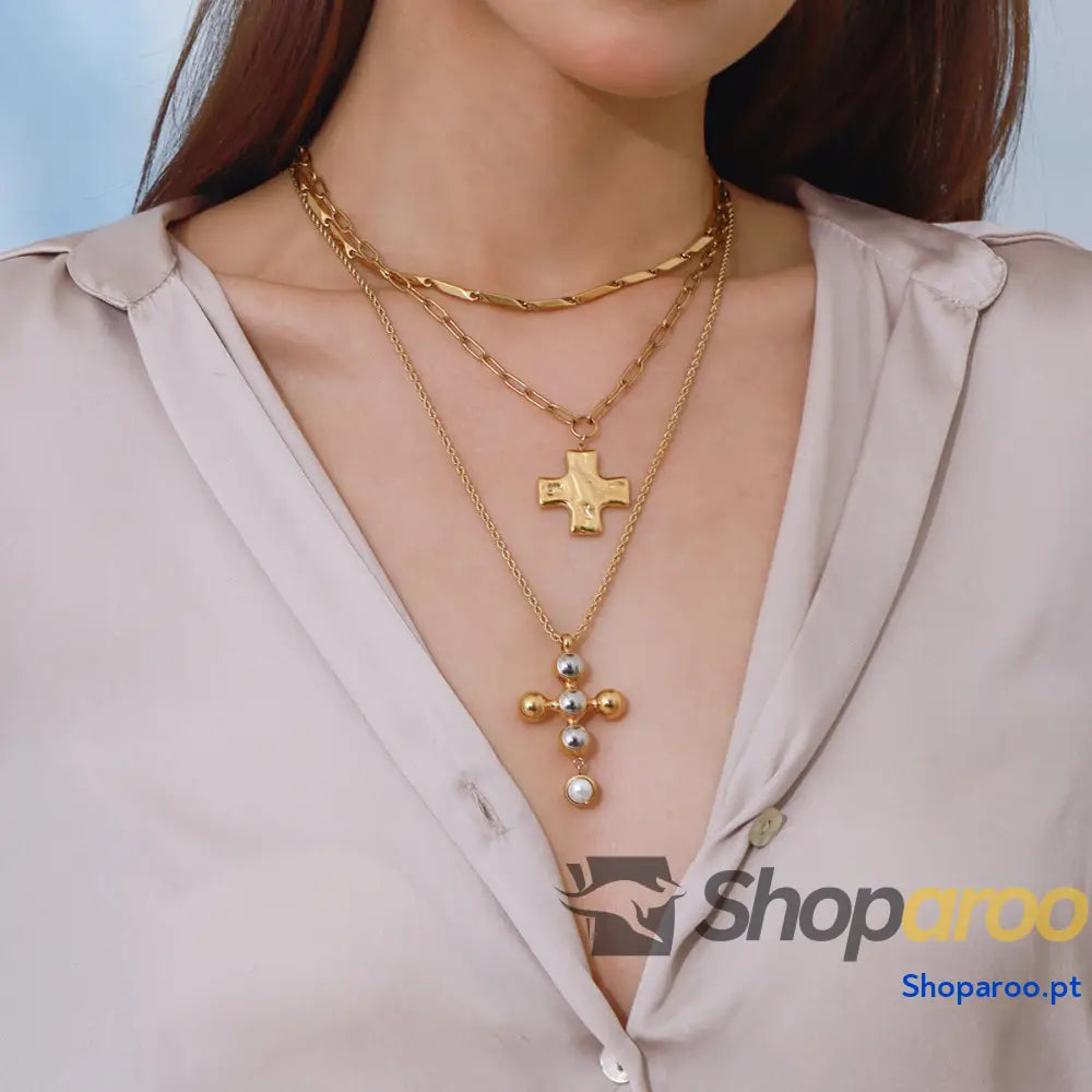 Colar de ouro design cruz minimalista luxo banhado 18 quilates