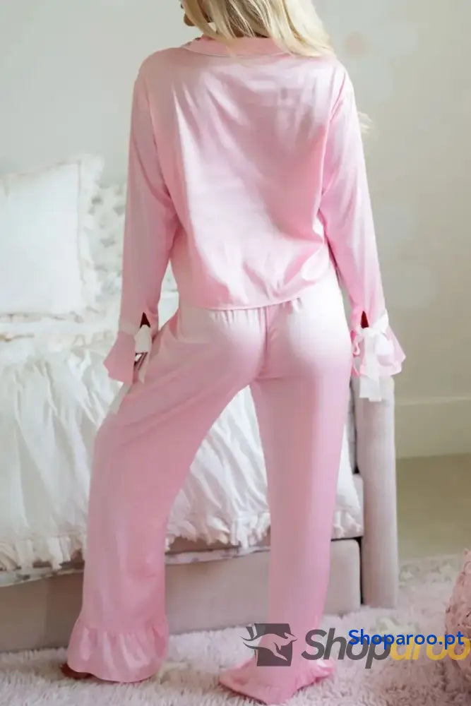 Collared Neck Long Sleeve Top and Pants Lounge Set