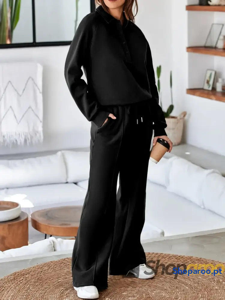 Collared Sweatshirt and High Waist Pants Active Set