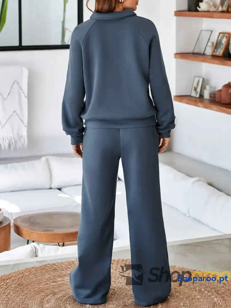 Collared Sweatshirt and High Waist Pants Active Set