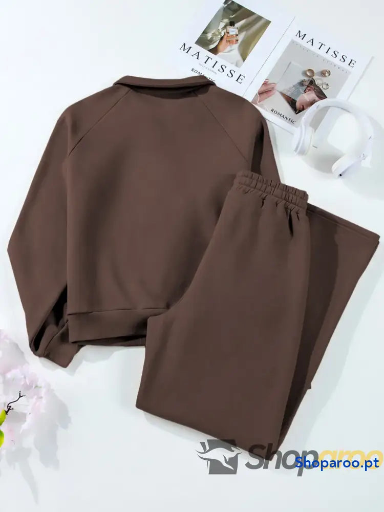 Collared Sweatshirt and High Waist Pants Active Set