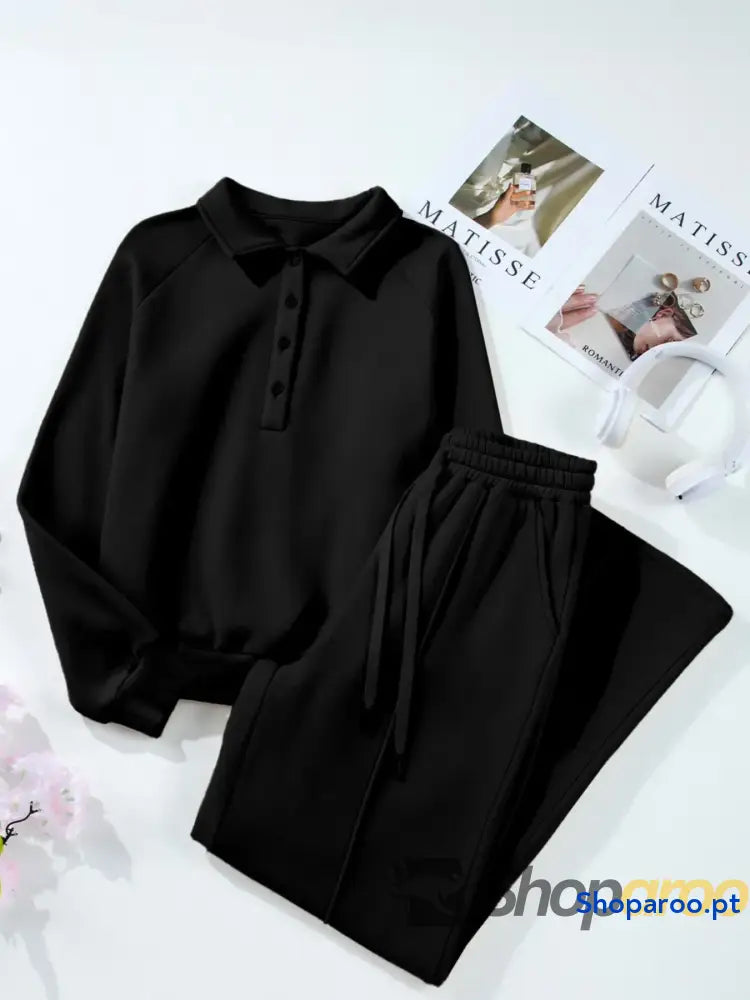 Collared Sweatshirt and High Waist Pants Active Set