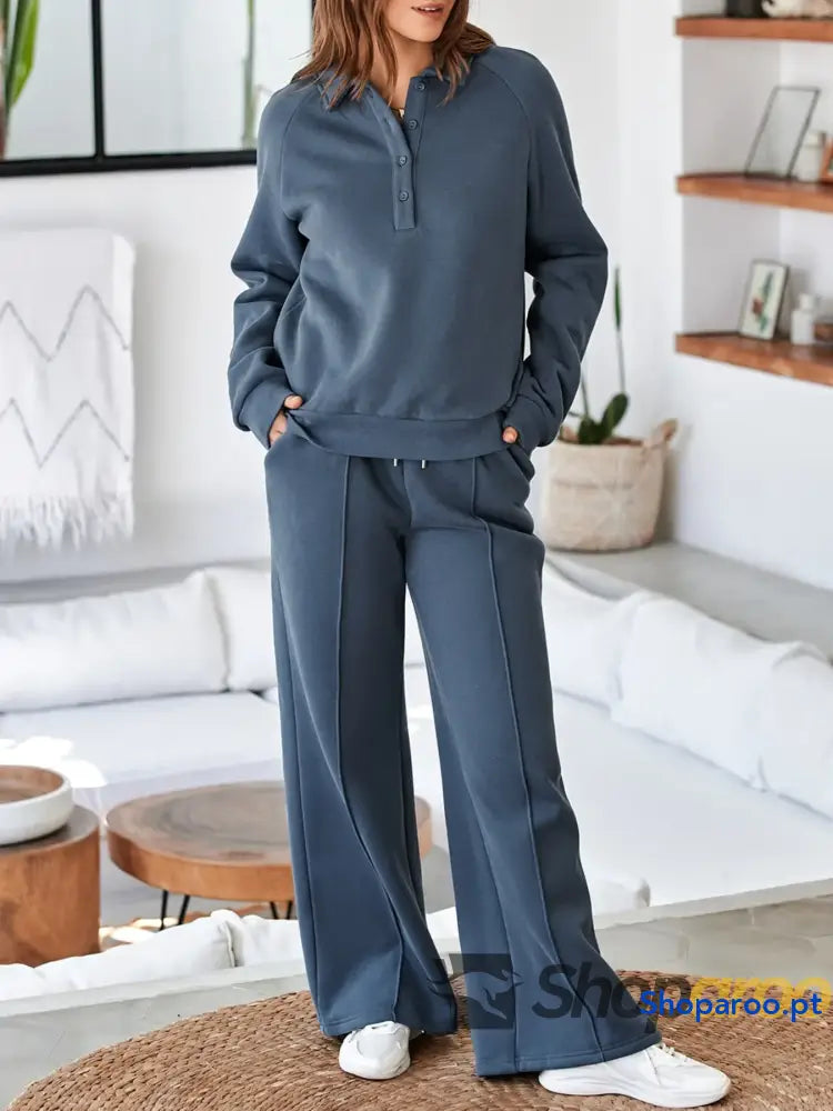 Collared Sweatshirt and High Waist Pants Active Set