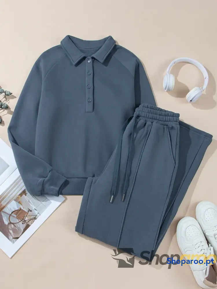Collared Sweatshirt and High Waist Pants Active Set