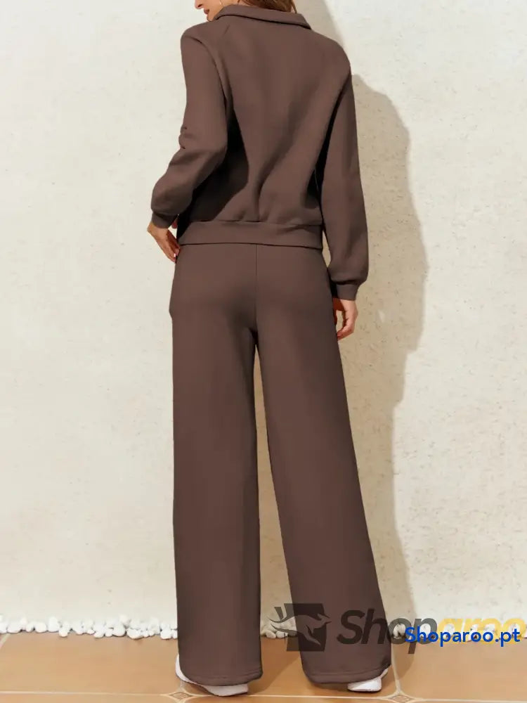 Collared Sweatshirt and High Waist Pants Active Set