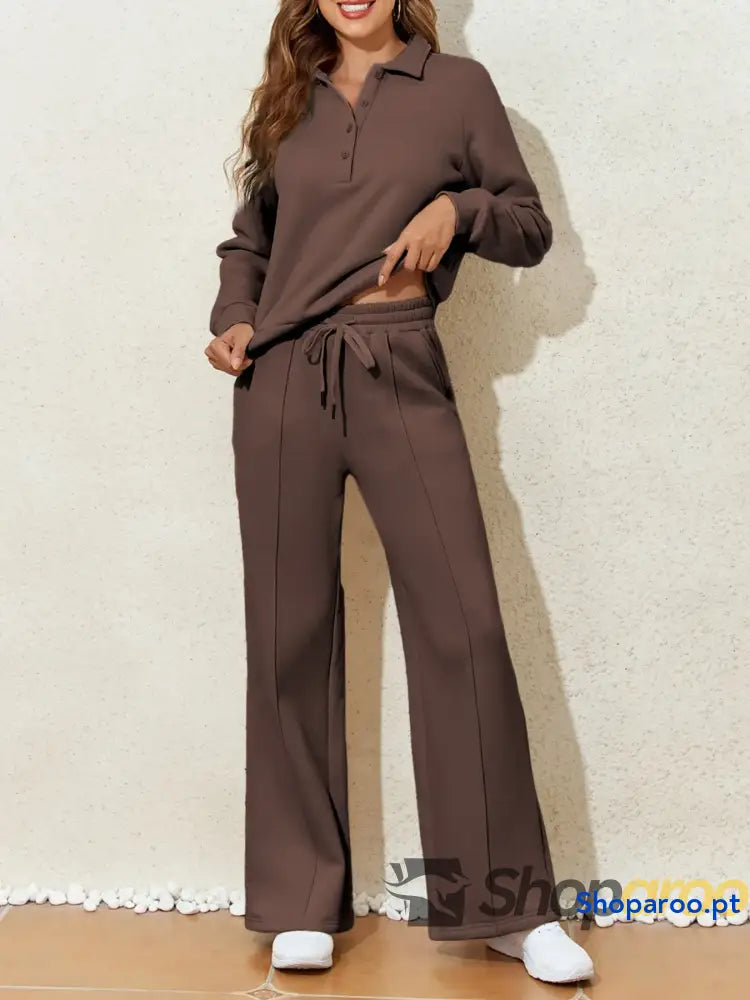 Collared Sweatshirt and High Waist Pants Active Set