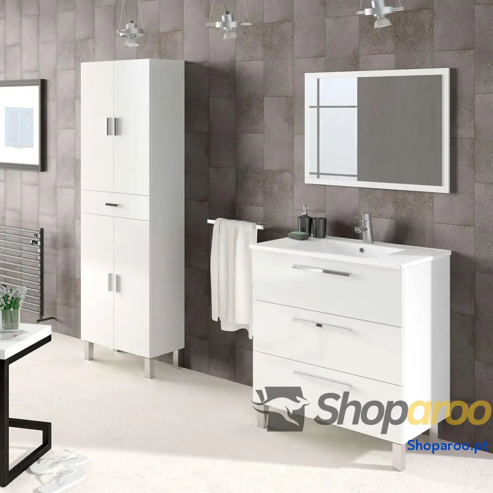 Coluna de casa banho armário lavatório 4 portas e 1 gaveta modelo Aruba acabamento em branco brilho medidas: 60 cm