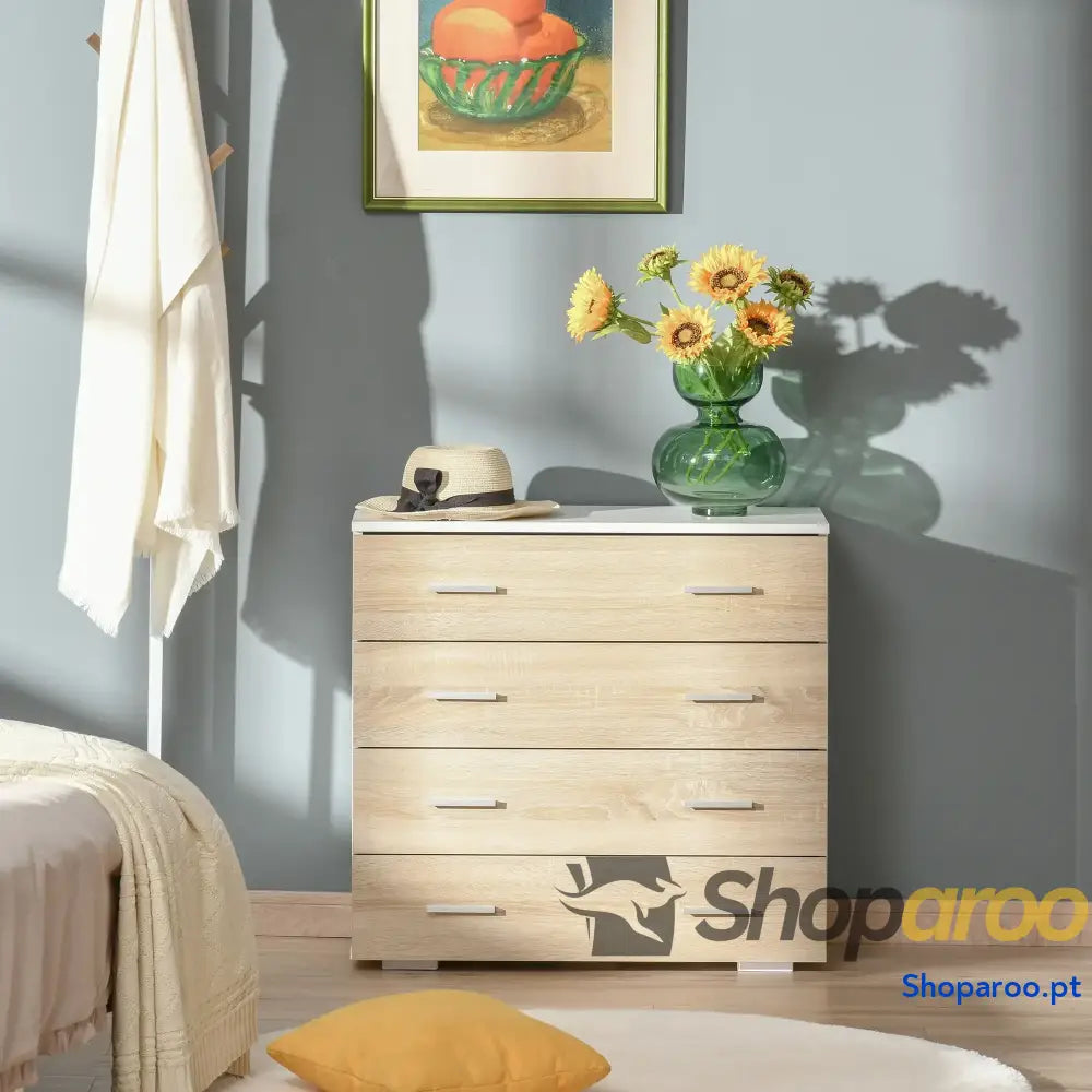 Cómoda com 4 Gavetas Moderna para Armazenamento em Carvalho e Branco
