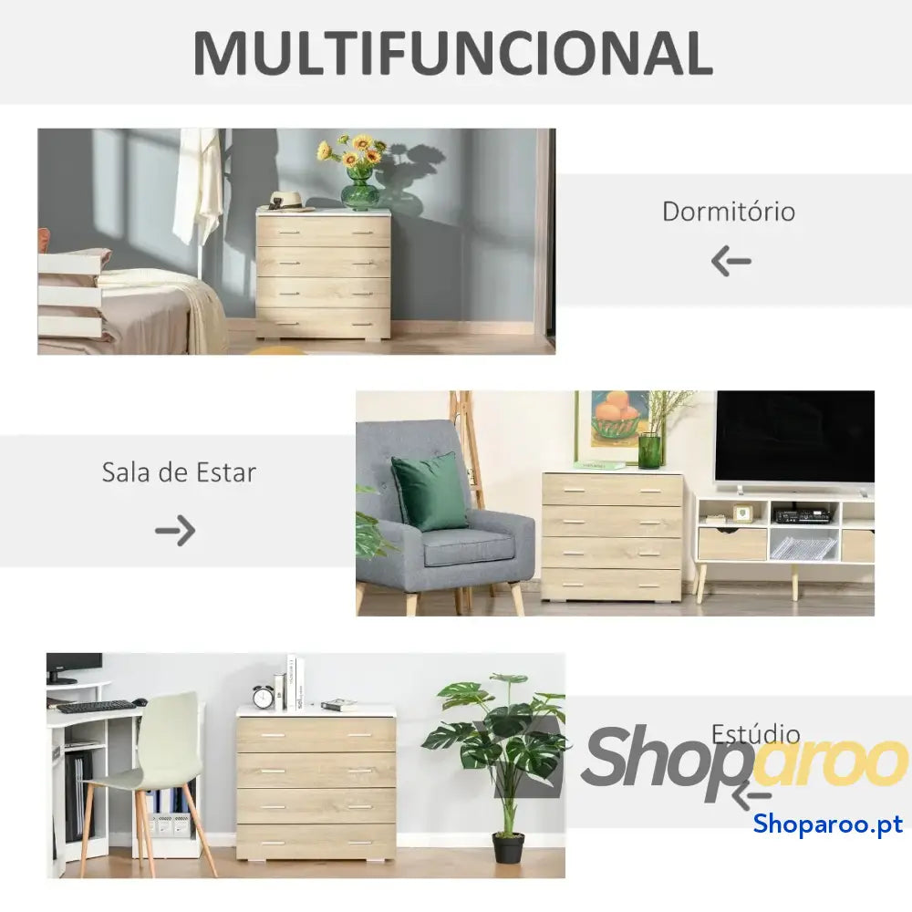 Cómoda com 4 Gavetas Moderna para Armazenamento em Carvalho e Branco
