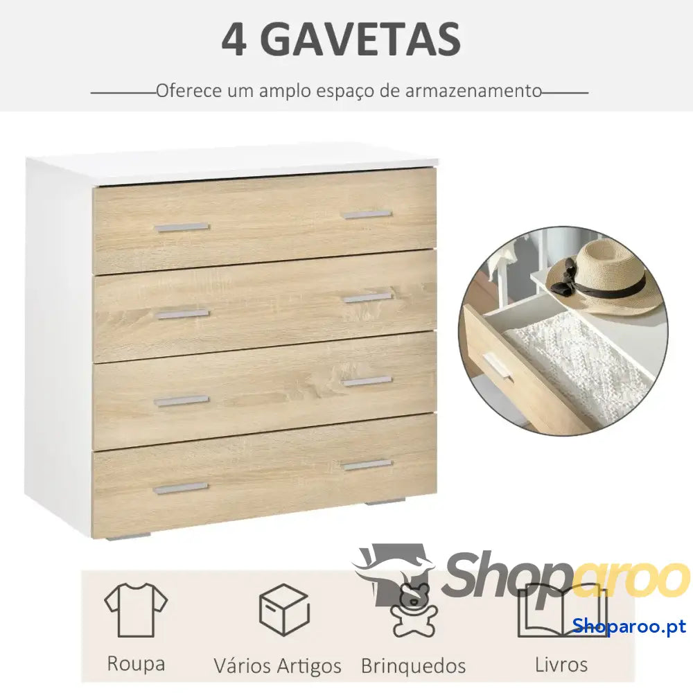 Cómoda com 4 Gavetas Moderna para Armazenamento em Carvalho e Branco