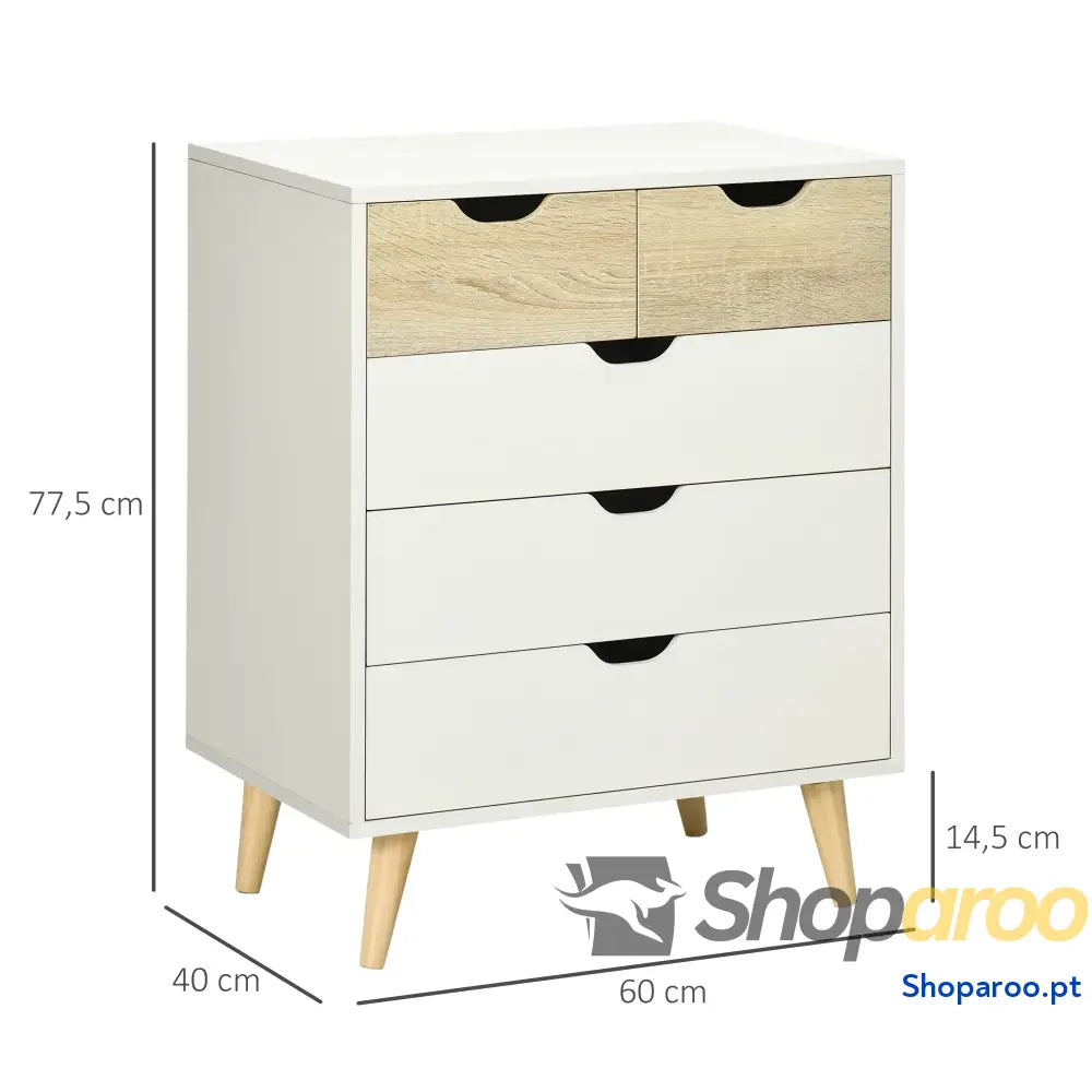 Cómoda com 5 Gavetas Moderna em Madeira e Branco para Quarto ou Escritório