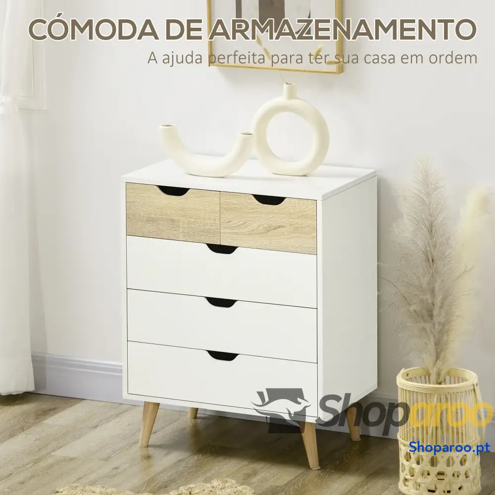 Cómoda com 5 Gavetas Moderna em Madeira e Branco para Quarto ou Escritório