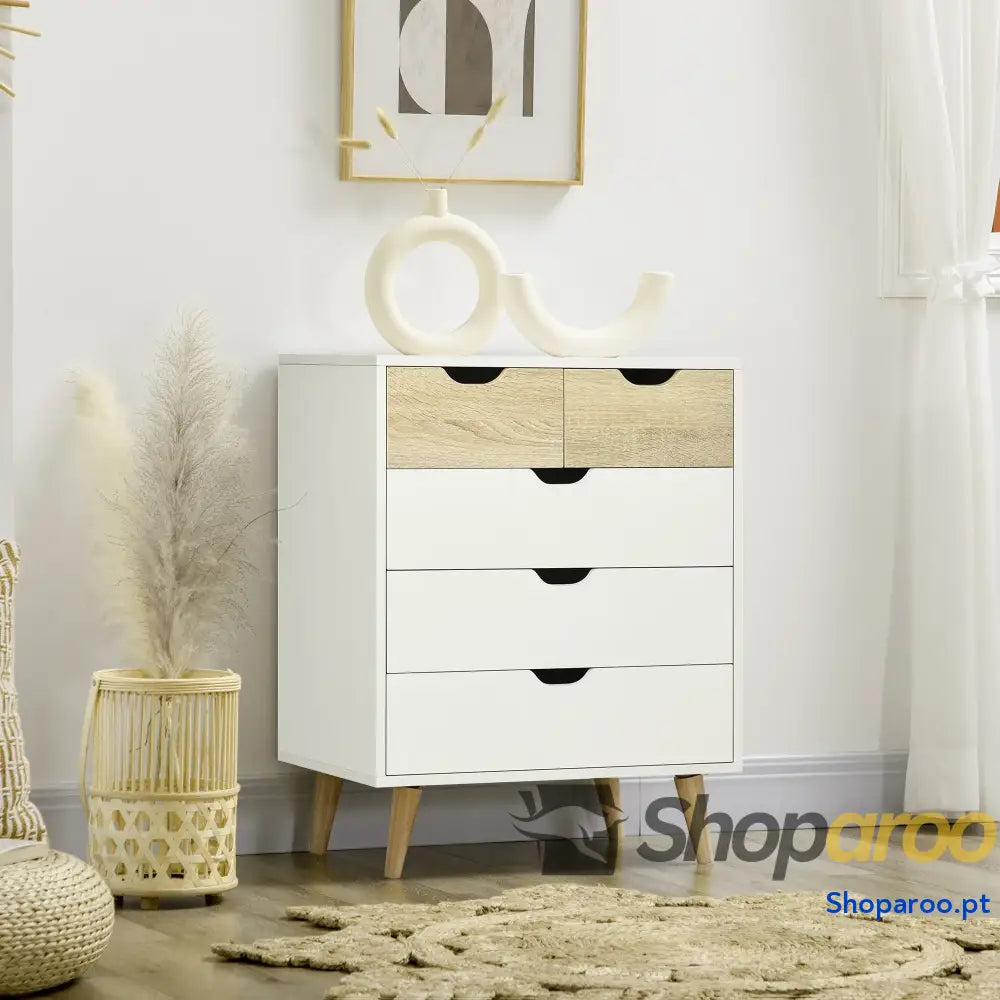 Cómoda com 5 Gavetas Moderna em Madeira e Branco para Quarto ou Escritório