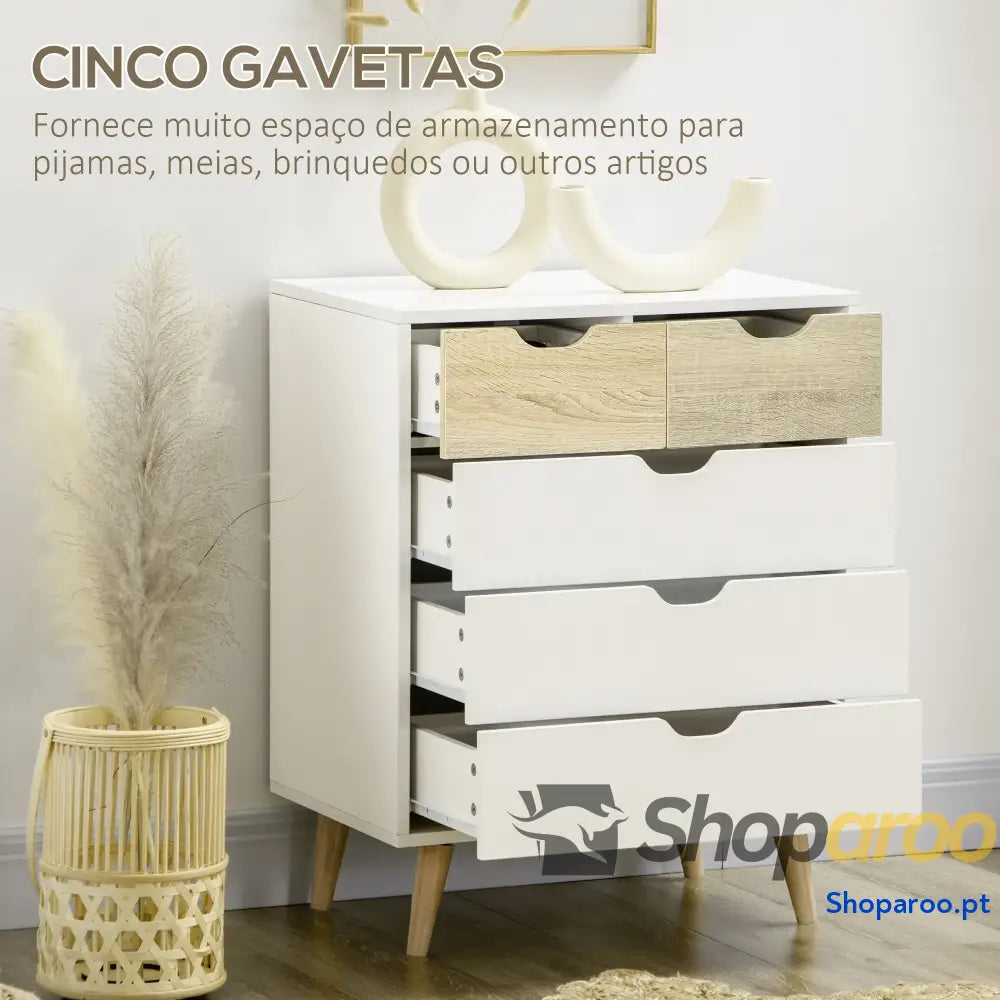 Cómoda com 5 Gavetas Moderna em Madeira e Branco para Quarto ou Escritório