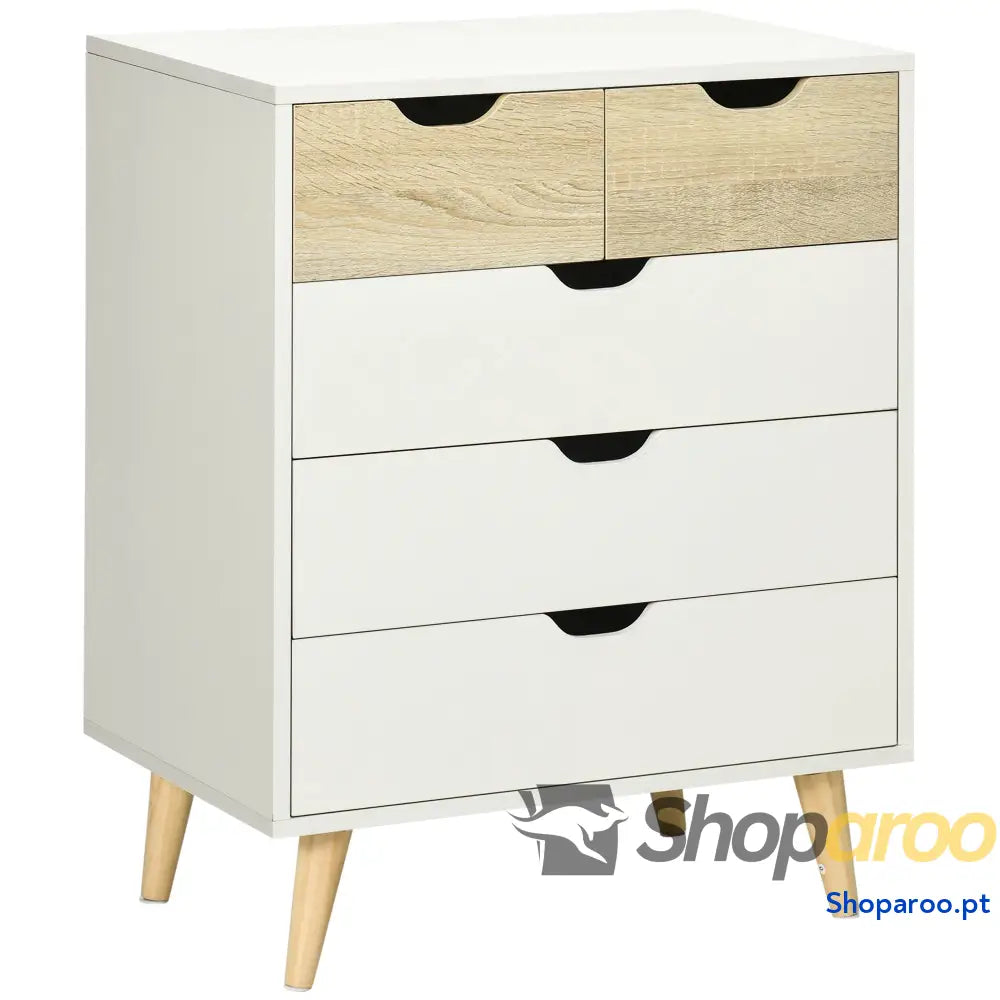 Cómoda com 5 Gavetas Moderna em Madeira e Branco para Quarto ou Escritório