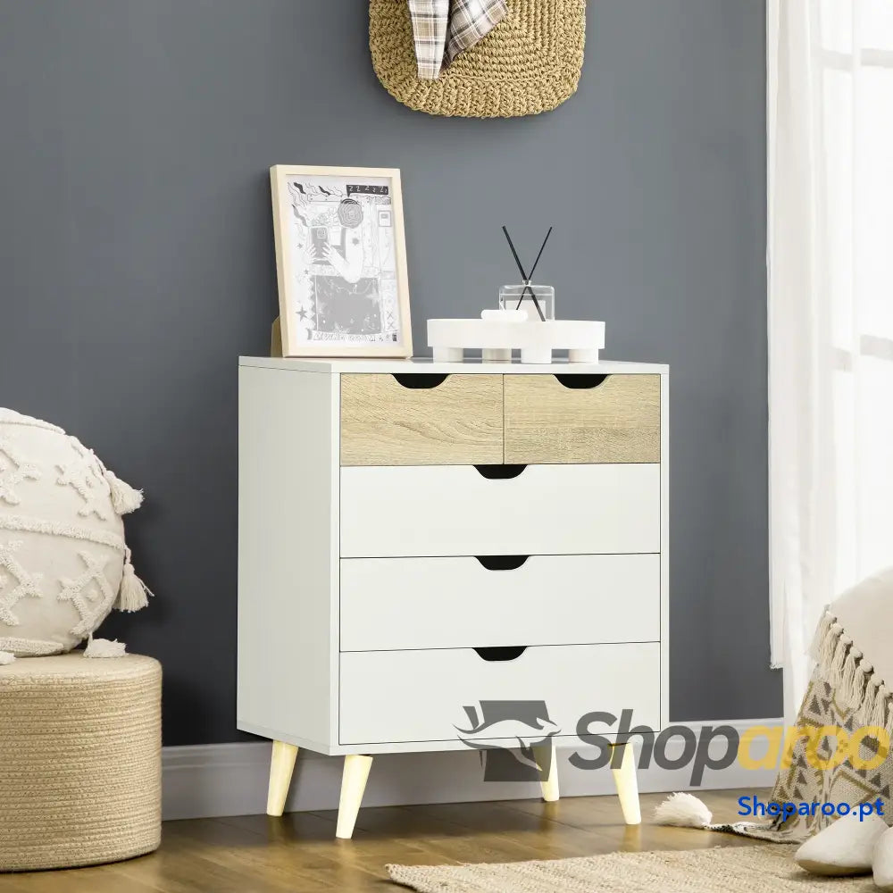Cómoda com 5 Gavetas Moderna em Madeira e Branco para Quarto ou Escritório