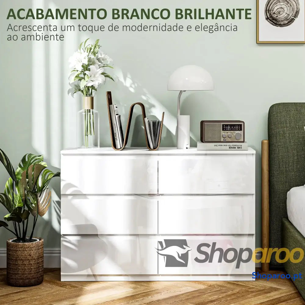 Cómoda com 6 Gavetas de Madeira Branca Estilo Moderno
