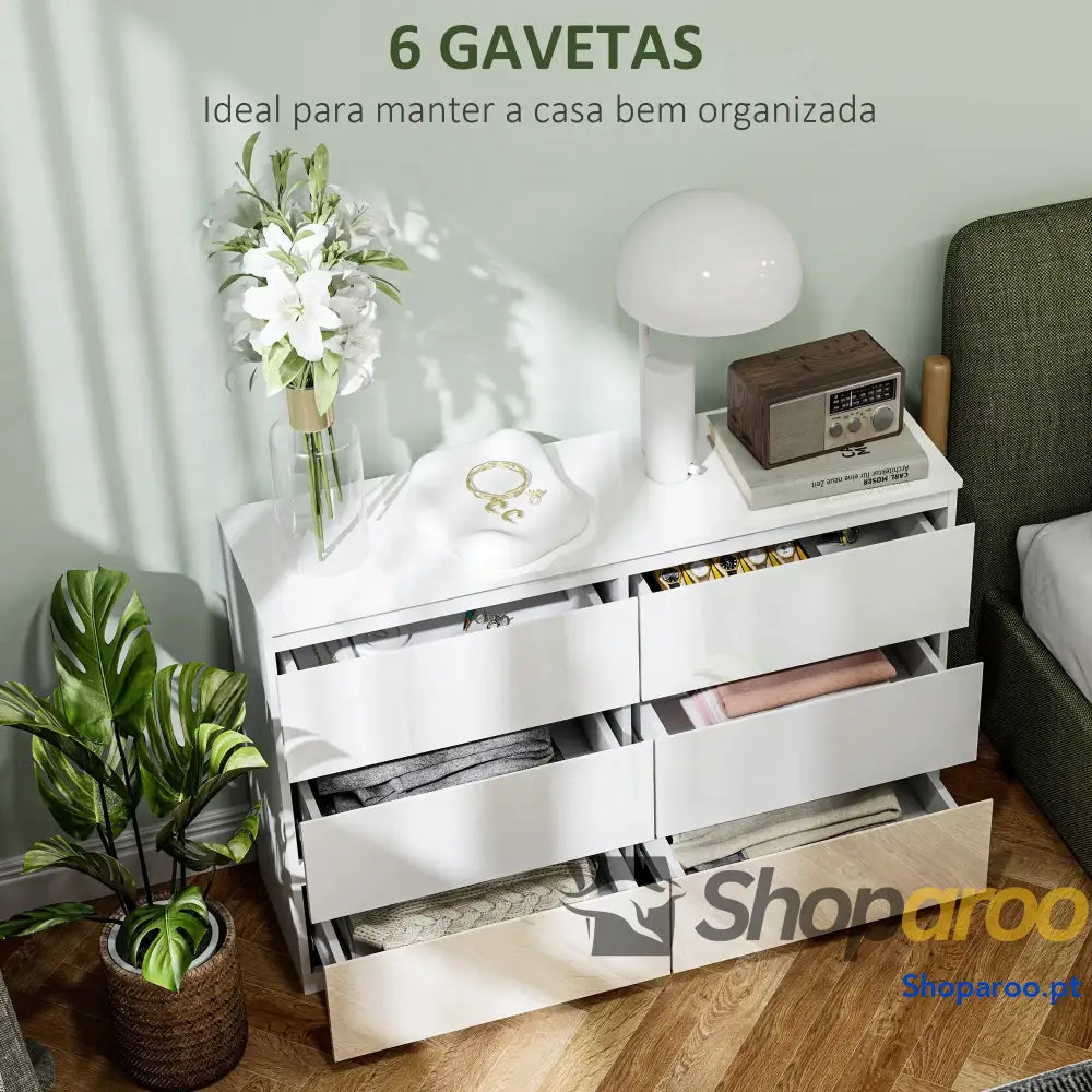 Cómoda com 6 Gavetas de Madeira Branca Estilo Moderno