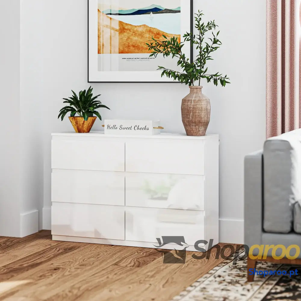 Cómoda com 6 Gavetas de Madeira Branca Estilo Moderno