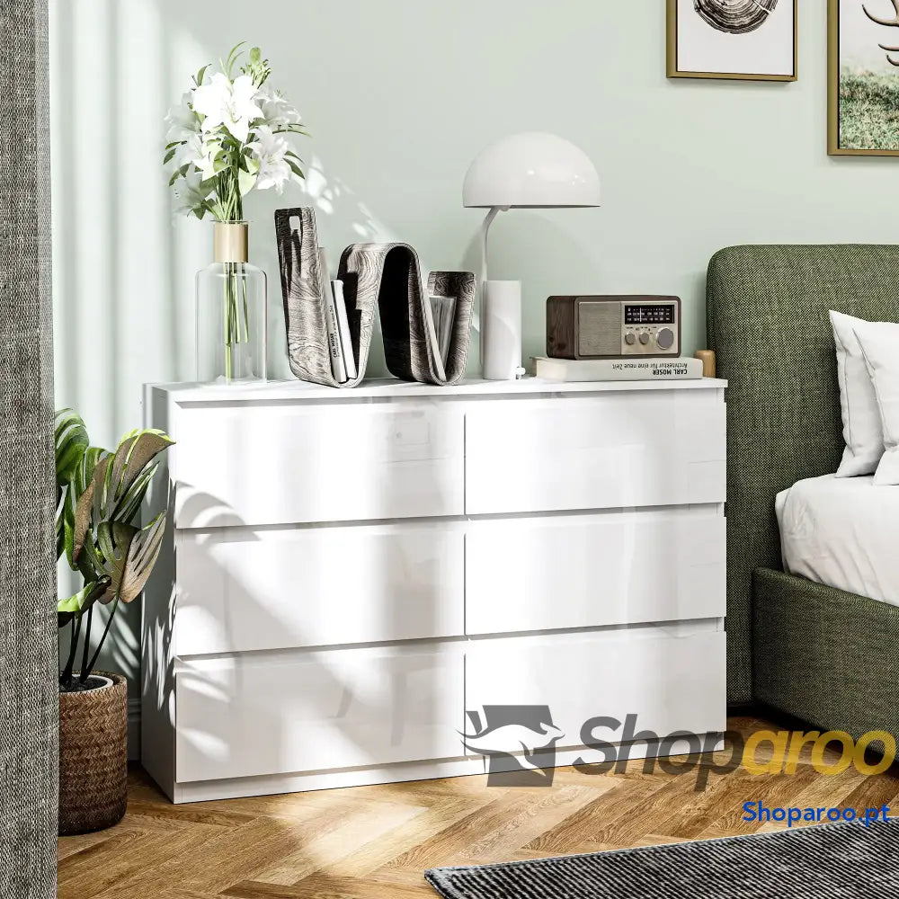 Cómoda com 6 Gavetas de Madeira Branca Estilo Moderno