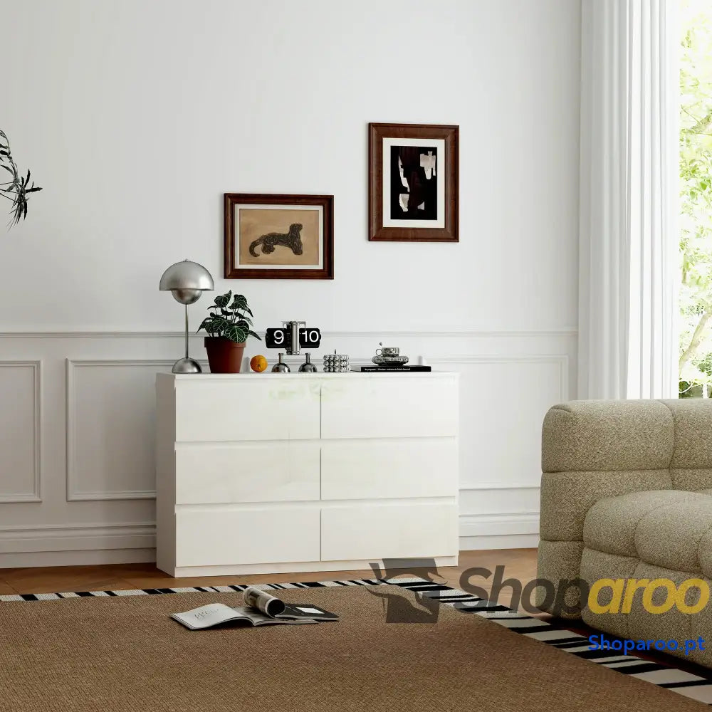 Cómoda com 6 Gavetas de Madeira Branca Estilo Moderno