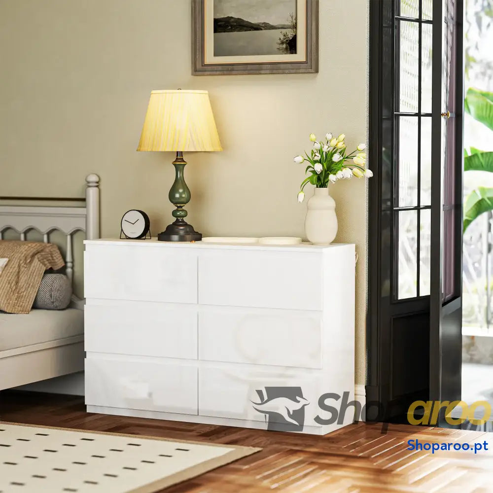 Cómoda com 6 Gavetas de Madeira Branca Estilo Moderno