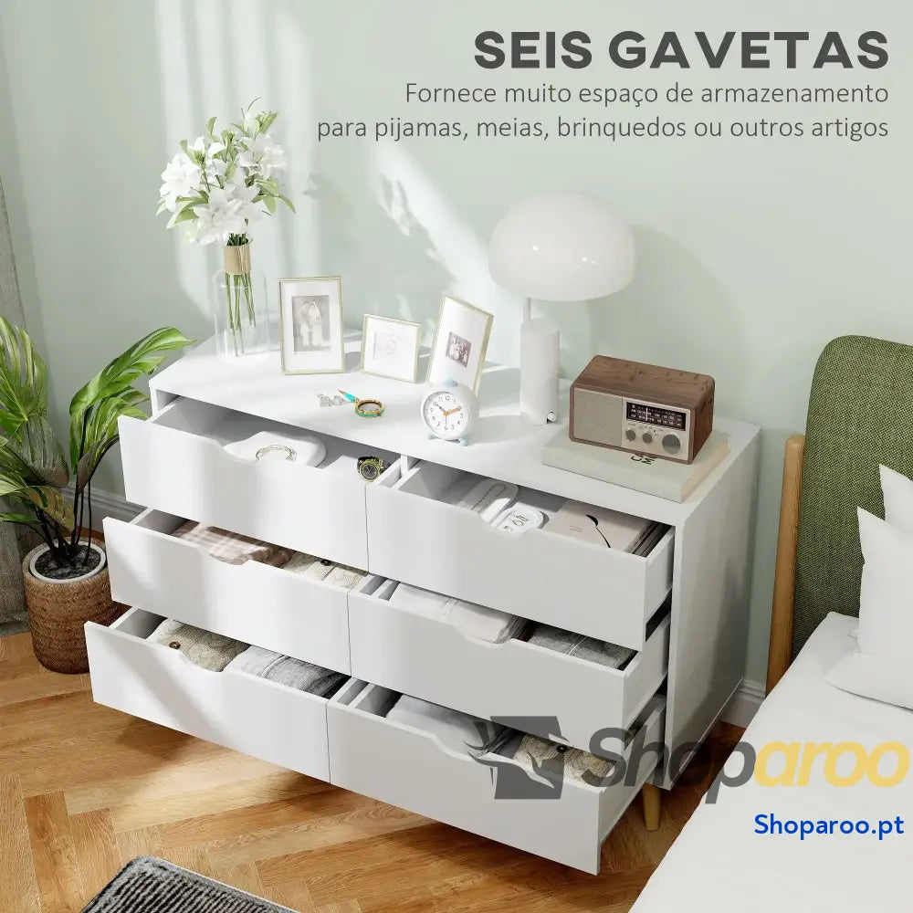 Cómoda com 6 Gavetas e Pés Elevados para Dormitório Estilo Moderno Anti-Tombo 120x40x76 cm Branco