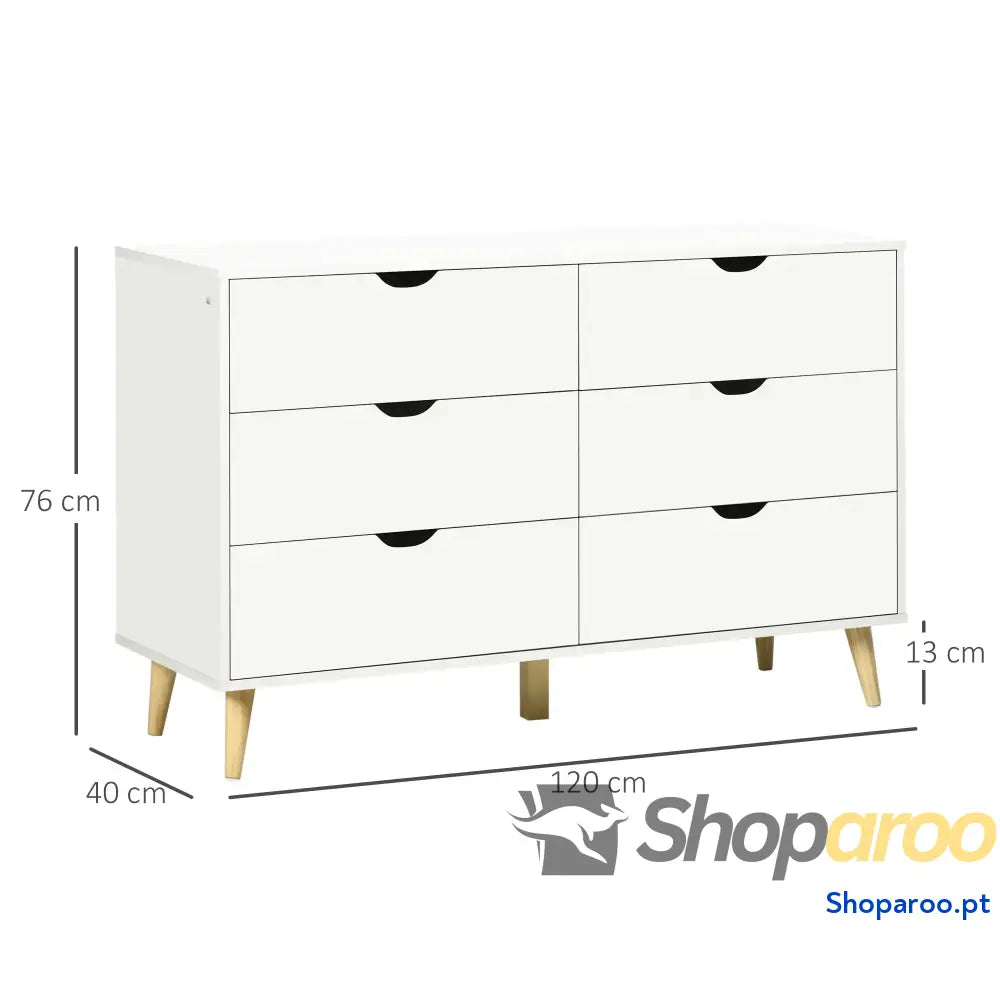 Cómoda com 6 Gavetas e Pés Elevados para Dormitório Estilo Moderno Anti-Tombo 120x40x76 cm Branco