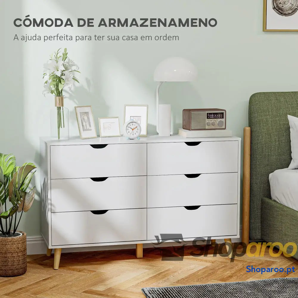 Cómoda com 6 Gavetas e Pés Elevados para Dormitório Estilo Moderno Anti-Tombo 120x40x76 cm Branco
