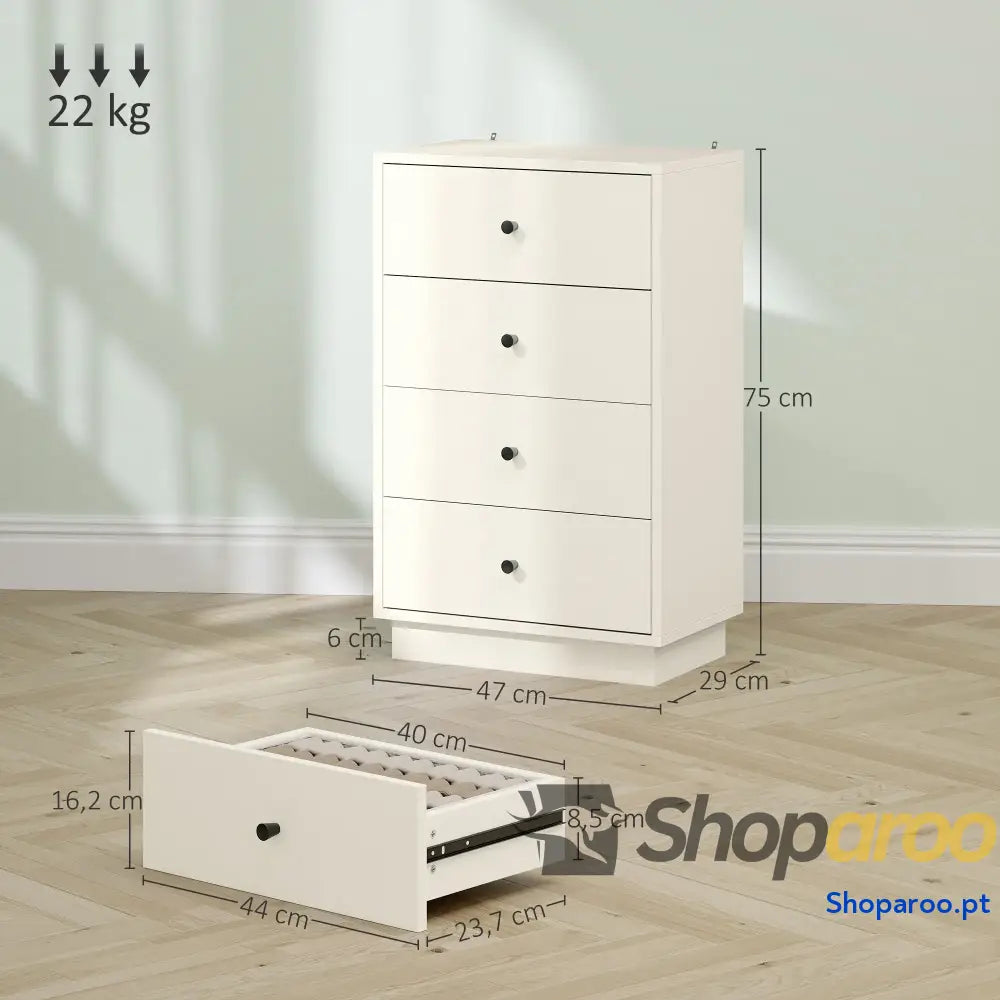 Cómoda de 4 Gavetas para Dormitório Moderna Estreita Sala Estar Corredor 47x29x75 cm Branco