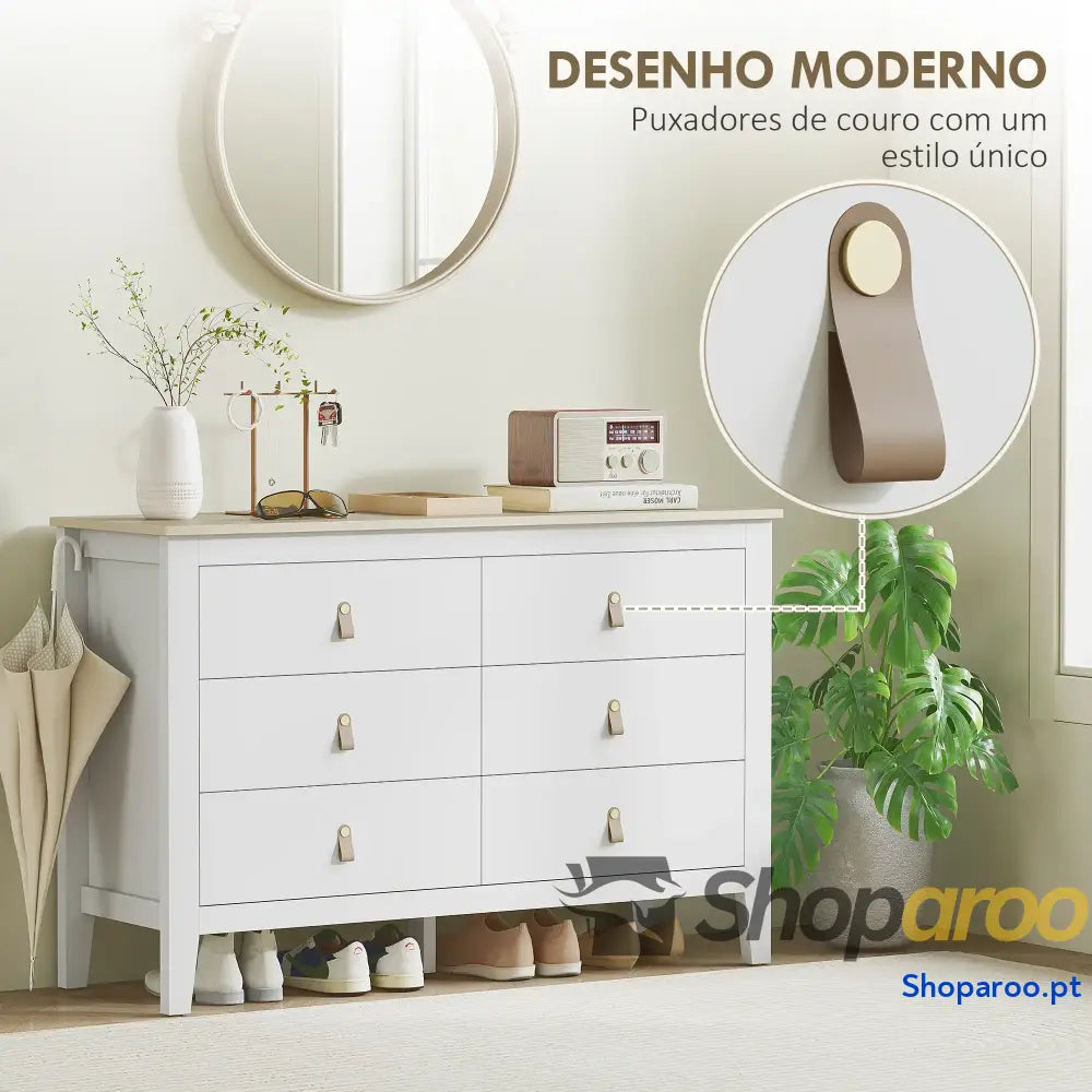 Cómoda de 6 Gavetas Branca para Dormitório com Puxadores PU