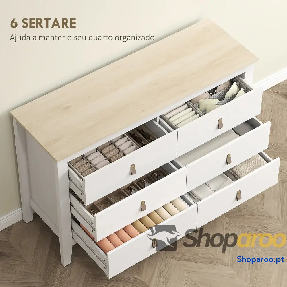 Cómoda de 6 Gavetas Branca para Dormitório com Puxadores PU