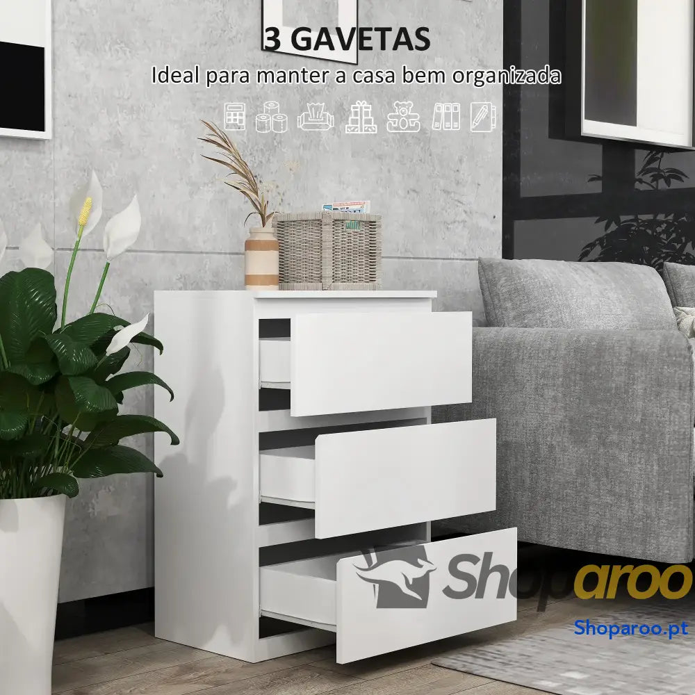 Cómoda de Madeira Branca com 3 Gavetas Estilo Moderno
