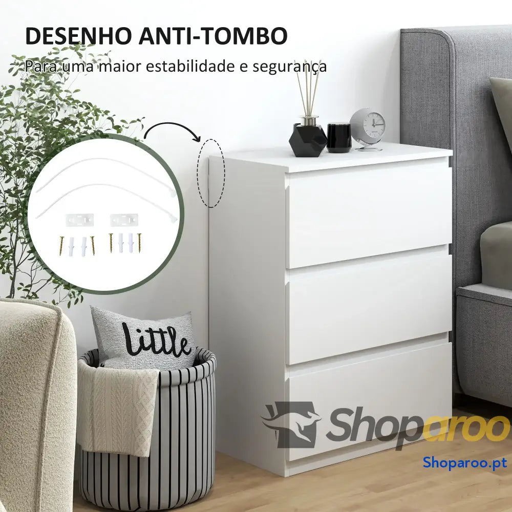 Cómoda de Madeira Branca com 3 Gavetas Estilo Moderno