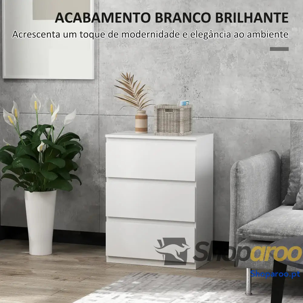 Cómoda de Madeira Branca com 3 Gavetas Estilo Moderno