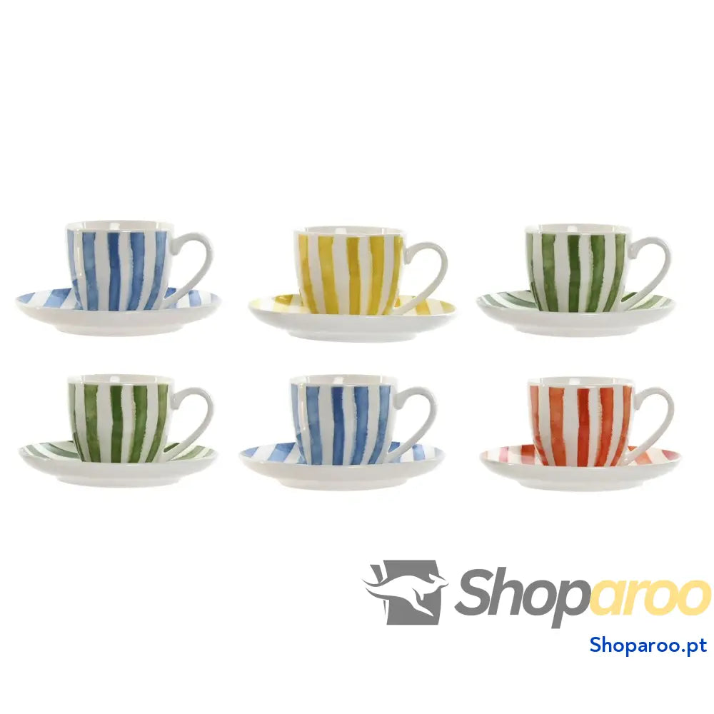 Conjunto de 6 Chávenas com Prato Home ESPRIT Amarelo Azul Verde Coral Porcelana Riscas Mediterrâneo 90 ml