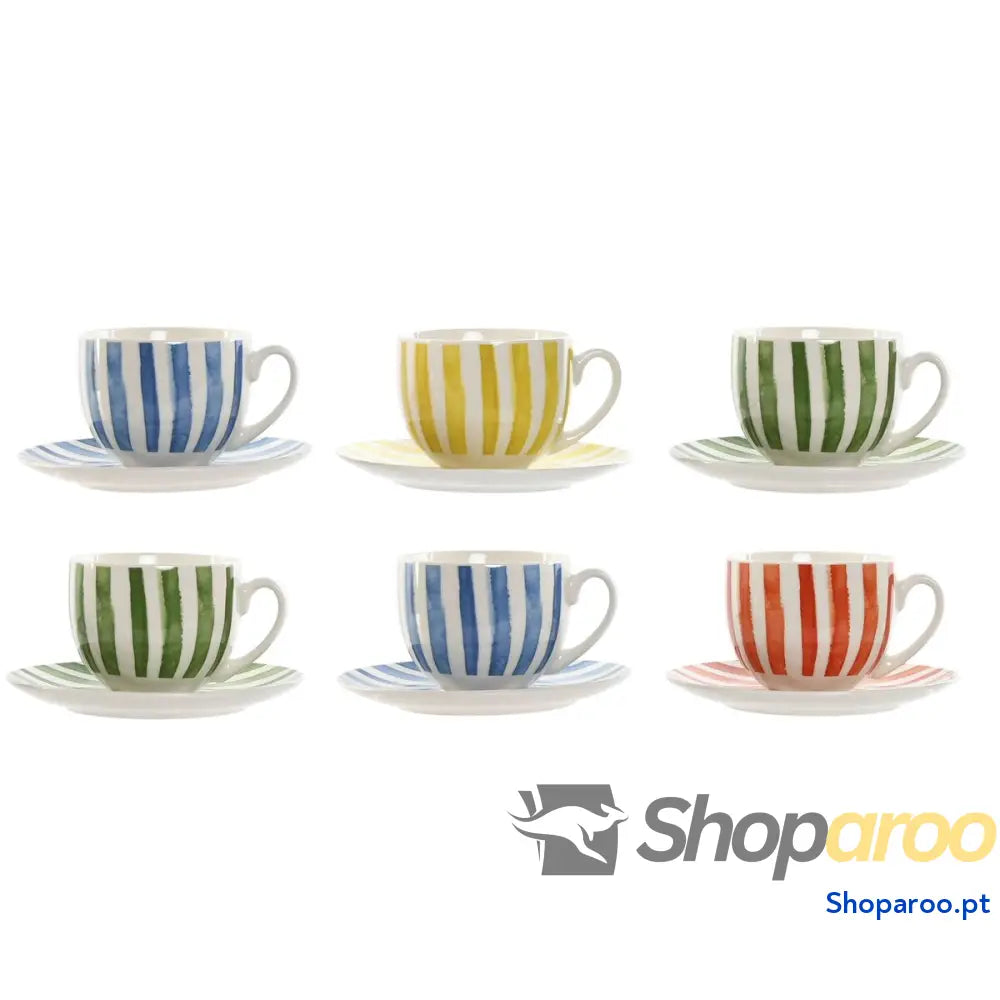 Conjunto de 6 Chávenas com Prato Home ESPRIT Amarelo Azul Verde Coral Porcelana Riscas Mediterrâneo 240 ml