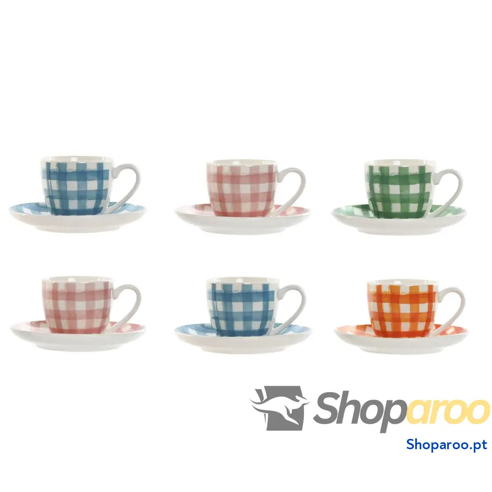 Conjunto de 6 Chávenas com Prato Home ESPRIT Azul Branco Verde Laranja Cor Rosa Porcelana Riscas Mediterrâneo 90 ml