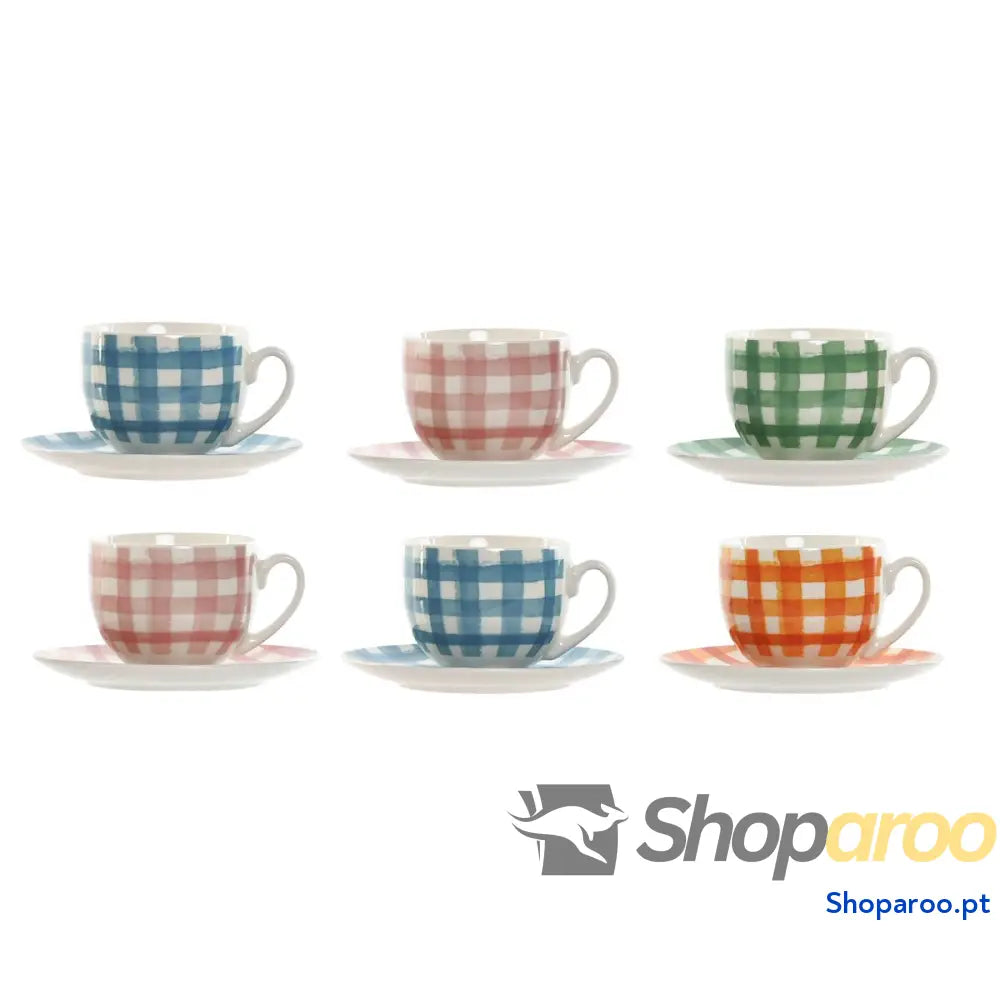 Conjunto de 6 Chávenas com Prato Home ESPRIT Azul Verde Laranja Cor Rosa Porcelana Riscas Mediterrâneo 240 ml