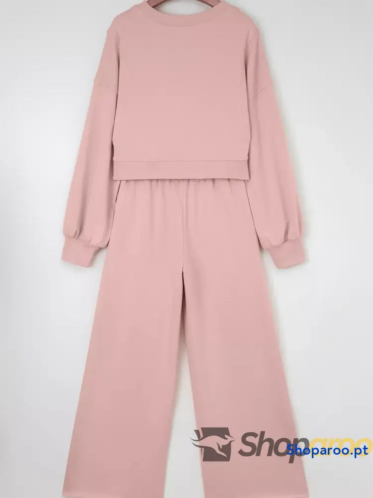 Conjunto de blusa curta com manga abalonada e ombro descaído calças largas cordão