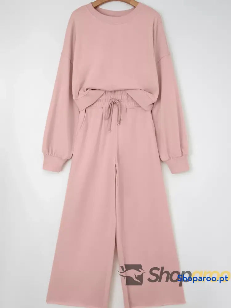 Conjunto de blusa curta com manga abalonada e ombro descaído calças largas cordão