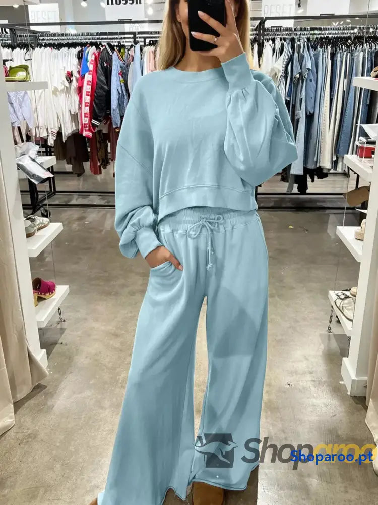 Conjunto de blusa curta com manga abalonada e ombro descaído calças largas cordão