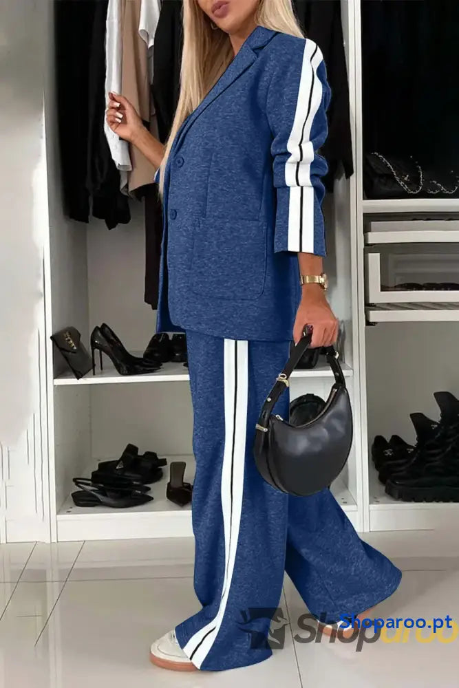 Conjunto de blusa e calças com gola contrastante lapela tamanho grande