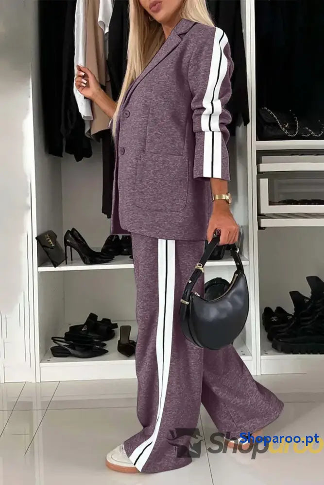 Conjunto de blusa e calças com gola contrastante lapela tamanho grande