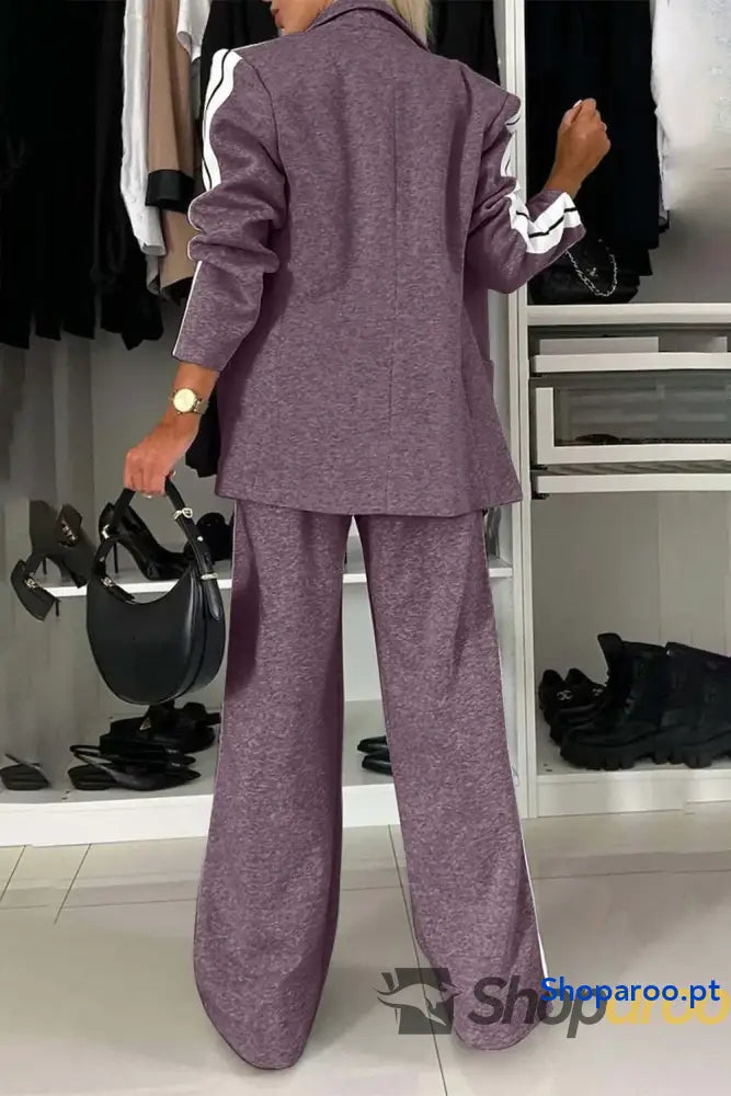 Conjunto de blusa e calças com gola contrastante lapela tamanho grande