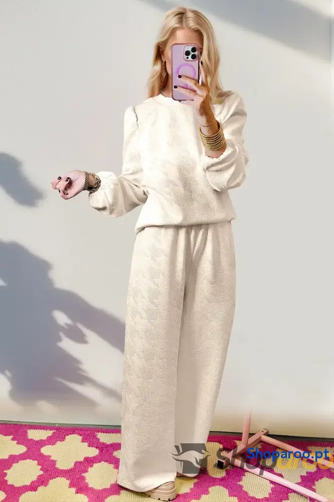 Conjunto de blusa manga comprida e calças perna larga Double Take Texture
