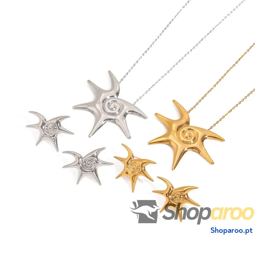Conjunto de brincos e colar sol em ouro 18K banhado
